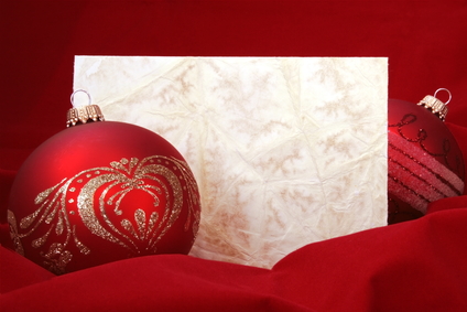 Two Red Christmas Balls with Blank Embossed Paper