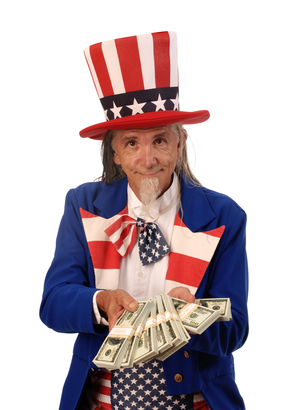 Uncle Sam on a white background offering stacks of bills
