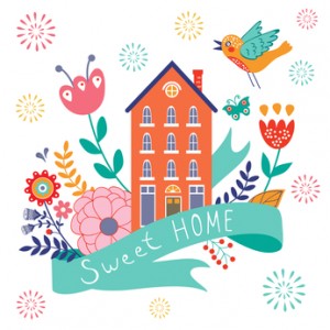Home sweet home concept illustartion with house, ribbon, bird  and flowers