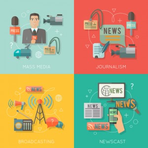 Mass media journalism broadcasting news cast concept flat business icons set of paparazzi profession live radio for infographics design web elements vector illustration