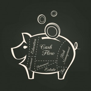 Piggy Bank Cuts with Money Savings Financial concept on Chalkboard Background