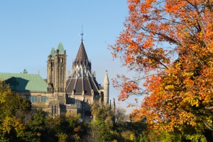 Part of the Ottawa Parliament buildings with a Canadian Maple Tree in the foreground