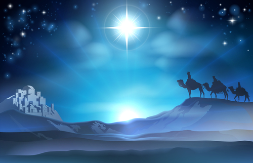 Christmas Christian Nativity scene of the Star and three Wise Men and Bethlehem in the background