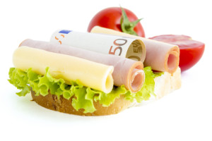 Sandwich and euro money. Expensive food