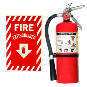 fire extinguisher and sign isolated over a white background