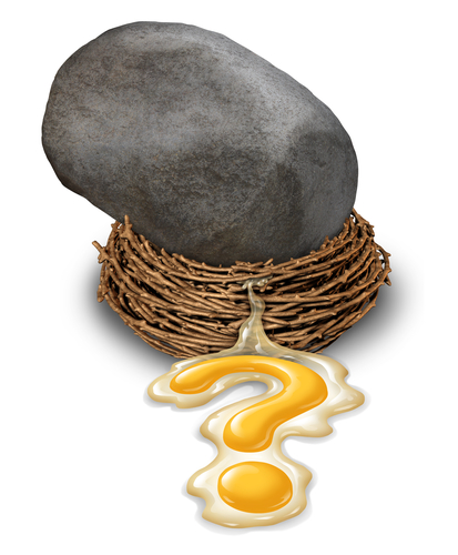 Financial impact concept as a nest egg disaster with a large boulder or rock that has fallen and crushed a retirement savings fund with the yolk pouring out in the shape of a question mark as a business symbol of investment risk.