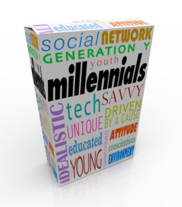 Millennials word on a product or package box to illustrate marketing and advertising to the youth in Generation Y