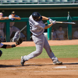 MESA, AZ - OCTOBER 18: Ryan Lavarnway, a top prospect for the Boston Red Sox, hits for the Peoria Javelinas in an Arizona Fall League game Oct. 18, 2010 at HoHoKam Stadium. Lavarnway went 1-for-4.