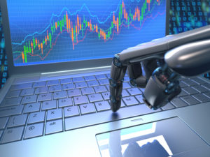 Robot hand, ordering on a laptop keyboard, an exchange trade. Robot trading system is a computer trading program that automatically submits trades to an exchange without any human interventions. Depth of field with focus on finger.